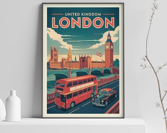 Verenigd Koninkrijk Londen vintage reisposter print, Big Ben en Westminster Abbey kunst aan de muur, VK vintage Londen print - 576