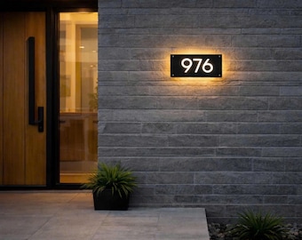 Modern LED Backlit House Numbers, Custom Illuminated Address Sign, Outdoor Lighted Address Plaque, Floating Mount, Warm White