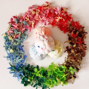 May include: A vibrant display of miniature plastic dinosaurs and foliage, forming a circular design. Four speckled bath bombs are centrally placed. The dinosaurs are in hues of red, pink, blue, green, and brown.
