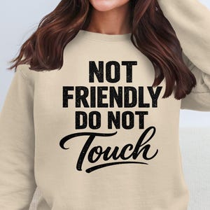 Op de afbeelding: Een beige sweatshirt met de tekst "NOT FRIENDLY DO NOT Touch" in het zwart. De tekst staat gecentreerd op de voorkant van de top met lange mouwen. De sweatshirt heeft een neutrale kleur en lijkt van zacht materiaal te zijn.