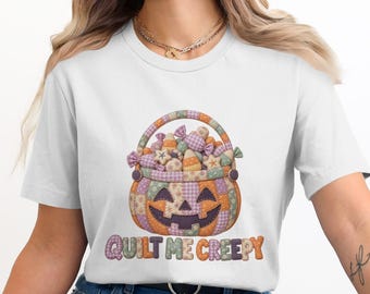 Quilt Me Creepy T-Shirt Cute Halloween Patchwork Pumpkin Shirt Pastel Spooky Basket Graphic Tee Cozy Fall Crafter Quilter Gift