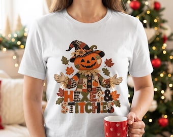 Hexes and Stitches Halloween T-Shirt, Patchwork Scarecrow Pumpkin Shirt, Cute Fall Witchy Graphic Tee, Rustic Autumn Country Aesthetic Top