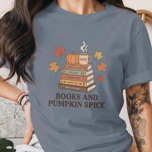 Cozy Autumn Books and Pumpkin Spice T-Shirt | Fall Reader Gift | Literary Tee for Book Lovers & Coffee Fans
