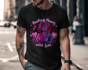 May include: Black t-shirt featuring a graphic of a nurse holding two pink hearts, with the text "Healing Hearts with Love." The design has a vibrant, colorful aesthetic, with pink and purple hues.
