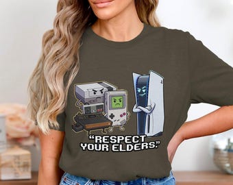 Respektera dina äldre T-shirt: Retro spelkonsoler, rolig gamer-t-shirt, vintage