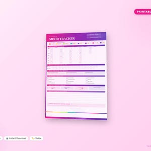 Op de afbeelding: Een afdrukbare maandelijkse stemmingsvolger met een gradiëntontwerp in paars en roze. De tracker bevat secties voor dagelijkse stemming, slaap en andere factoren. De woorden "Monthly Mood Tracker" staan bovenaan. Het document is gelabeld "Printable PDF".