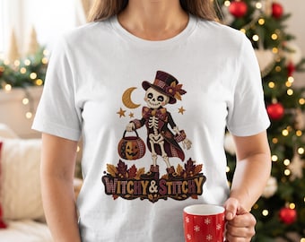 Witchy and Stitchy T-Shirt Cute Halloween Skeleton Shirt Vintage Fall Graphic Tee Spooky Season Patchwork Aesthetic Autumn Top