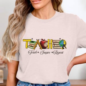 Teacher T-Shirt, Teach Inspire Repeat Tee, Education Gift, School Supplies Graphic, Apple Books Globe Pencil Design, Educator Appreciation