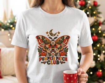Pumpkin Patch Club T-Shirt, Faux Embroidered Fall Moth Shirt, Celestial Cottagecore Autumn Tee, Boho Halloween Graphic Tops for Her
