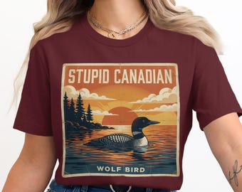 バカなカナダのオオカミ鳥Tシャツ、ルーン湖の夕日Tシャツ、面白いカナダ、プライドギフト、自然愛好家向けアパレル