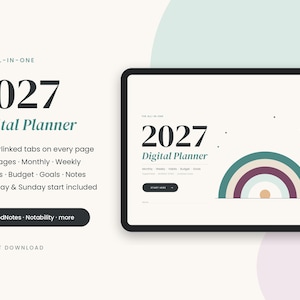 Op de afbeelding: Een digitale planner voor 2027 op een tabletscherm, voorzien van een minimalistische regenboogafbeelding, hyperlinks en secties voor maandelijkse, wekelijkse, gewoontes, budget en doelen. De interface bevat tekstlabels voor GoodNotes en Notability.