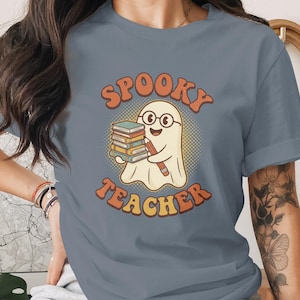 Spooky Teacher T-Shirt, Retro Ghost Teacher Tee, Cute Halloween Educator Apparel, Vintage Fall Book Lover Gift for Teachers