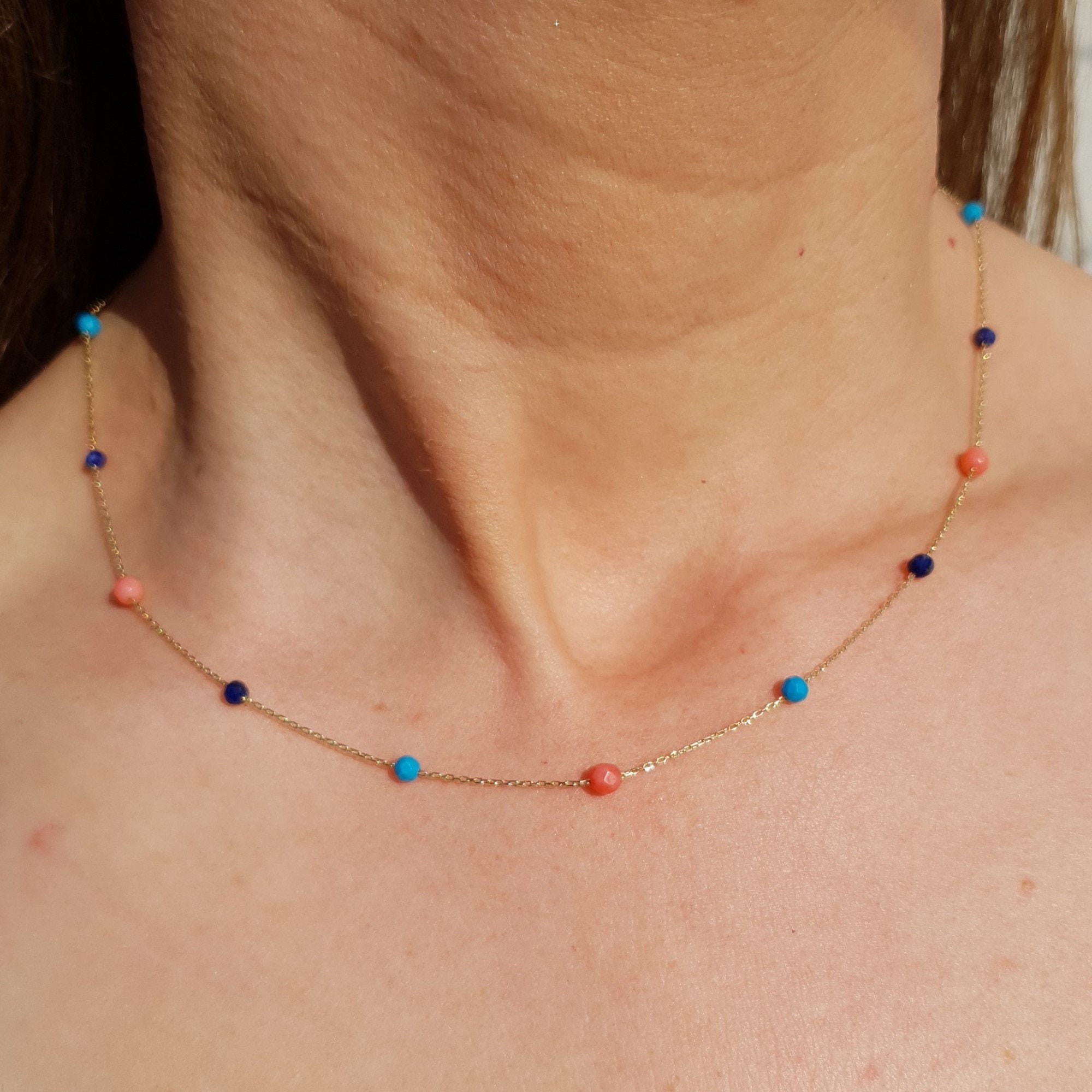 K Solid Gold Necklace With Coral Lapis Lazuli and Turquoise   Etsy