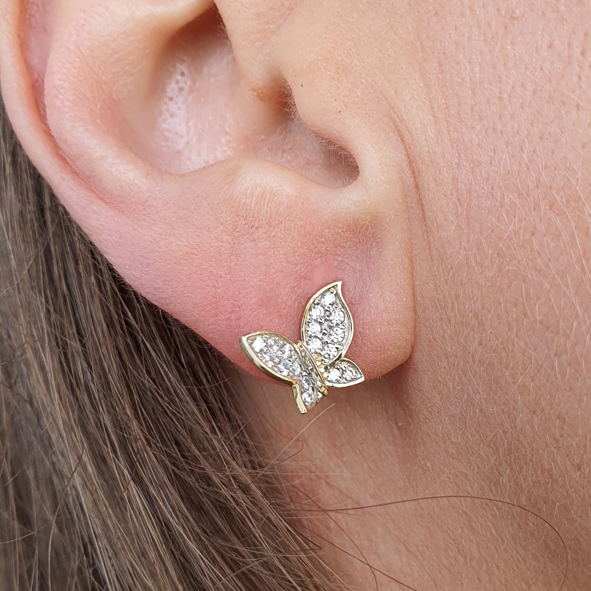 14K Solid Gold Butterfly Shaped Earrings Complimented With Etsy
