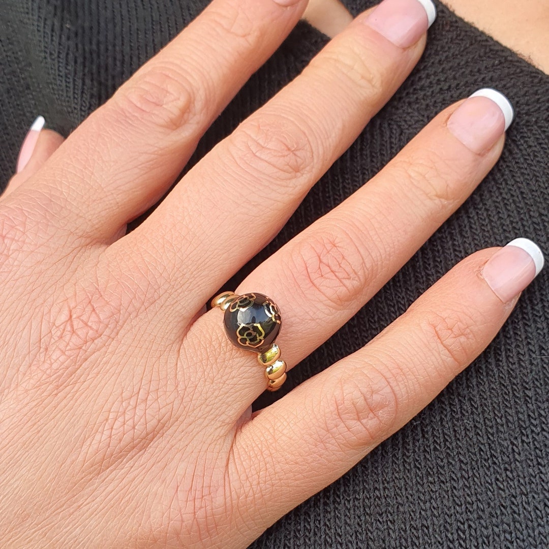 14K Solid Gold Ring With Black Colored Enamel Ball Etsy