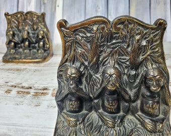 Vintage Brass 3 Monkeys Bookends | Set of 2 Classic Sturdy Metal Bookends