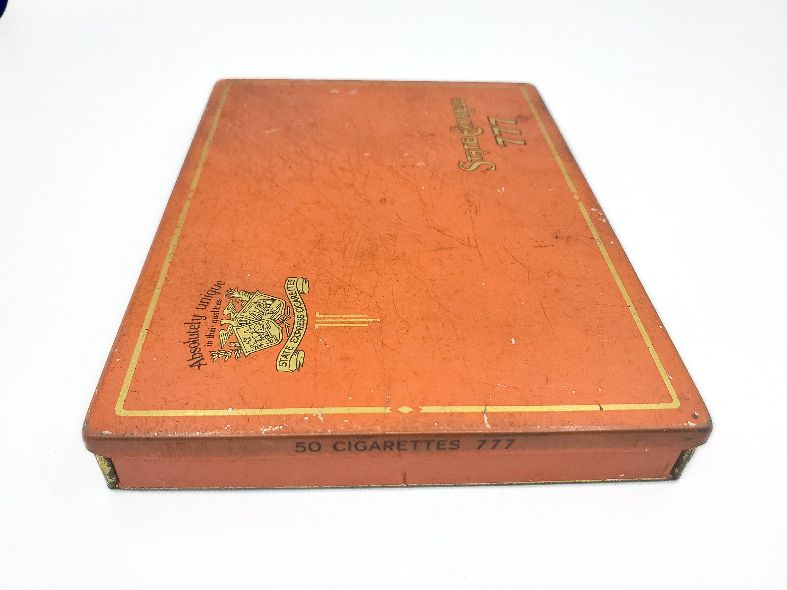 Vintage State Express 777 Cigarettes Tin, Ardath Tobacco Company London, 50  Cigarettes Orange Advertising Tin, Tobacciana Collectible Case