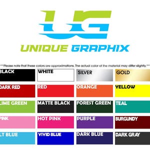 Puede incluir: Una carta de colores de Unique Graphix, con un logotipo con elementos azules y verdes. La carta muestra muestras de color que incluyen negro, blanco, plata, oro, rojo, naranja, amarillo y varias tonalidades de verde, rosa, morado y azul.