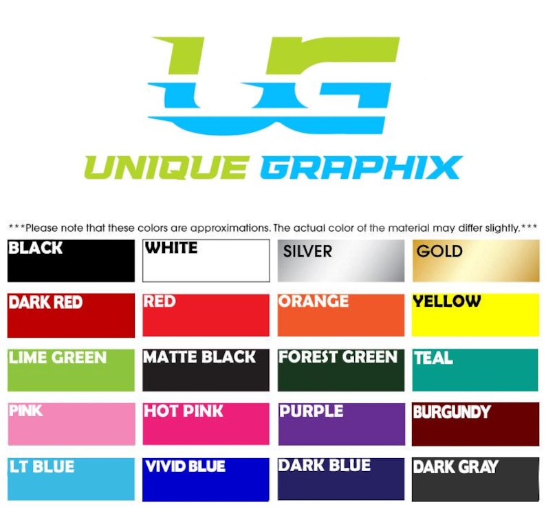 Puede incluir: Una carta de colores de Unique Graphix, con un logotipo con elementos azules y verdes. La carta muestra muestras de color que incluyen negro, blanco, plata, oro, rojo, naranja, amarillo y varias tonalidades de verde, rosa, morado y azul.