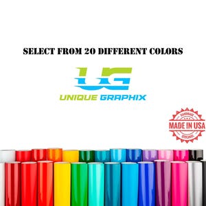 Puede incluir: Una exhibici&oacute;n de vinilo enrollado en varios colores, incluyendo rojo, amarillo, verde y azul. La imagen incluye el texto "SELECT FROM 20 DIFFERENT COLORS" y el logotipo de "UNIQUE GRAPHIX". Tambi&eacute;n hay un sello "MADE IN USA".