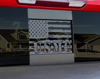 Rear Middle Window American Flag Decal with USMC Fits Chevy Silverado GMC Sierra 2019-2026