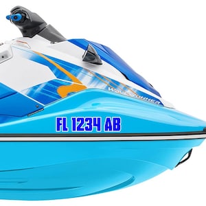May include: A personal watercraft in bright blue and white with orange accents, featuring the text FL 1234 AB printed in bold blue letters on the side hull. The vehicle includes a black handlebar assembly and a sleek, aerodynamic design.