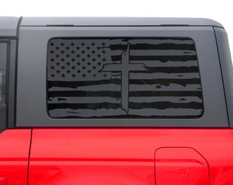 Distressed American Flag with Cross Rear Window Decal for Ford Bronco 4 dr 2021-2026 Model