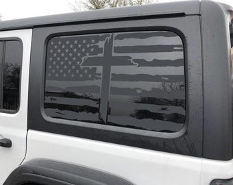Distressed American Flag with Cross Rear Window Decal for Jeep Wrangler unlimited 4dr JL 2018-2026 Model