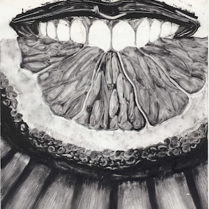 May include: A black and white artistic illustration depicting a human mouth with lips parted to reveal teeth, where the lower lip and chin area are replaced by the textured, segmented interior of a sliced citrus fruit.