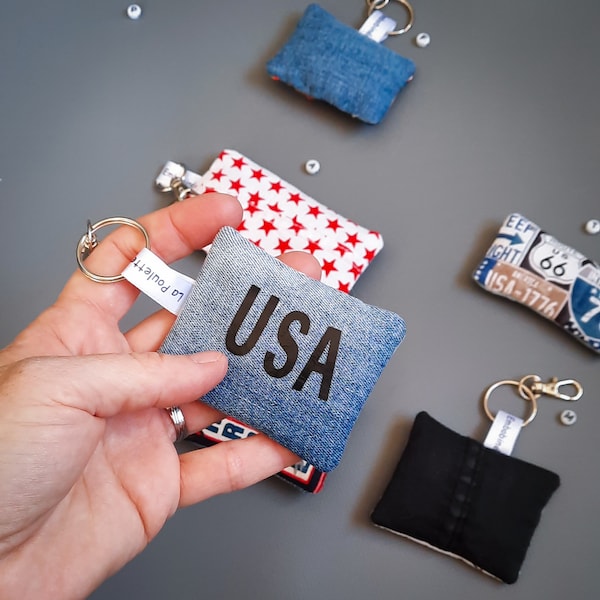 Porte clé en jean avec mousqueton, porte clé robuste, porte clé motifs USA, porte clé pour fan des Etats-Unis, porte clé en tissus upcyclés