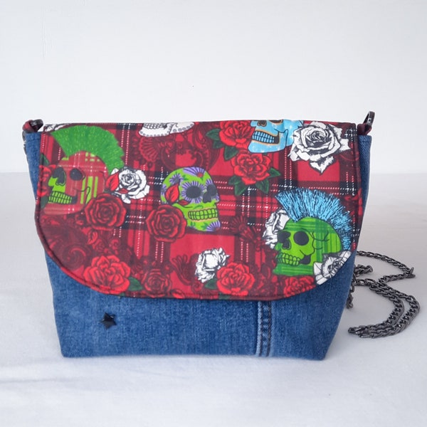 Punk rock handbag in recycled jeans with lots of pockets and a metal shoulder strap