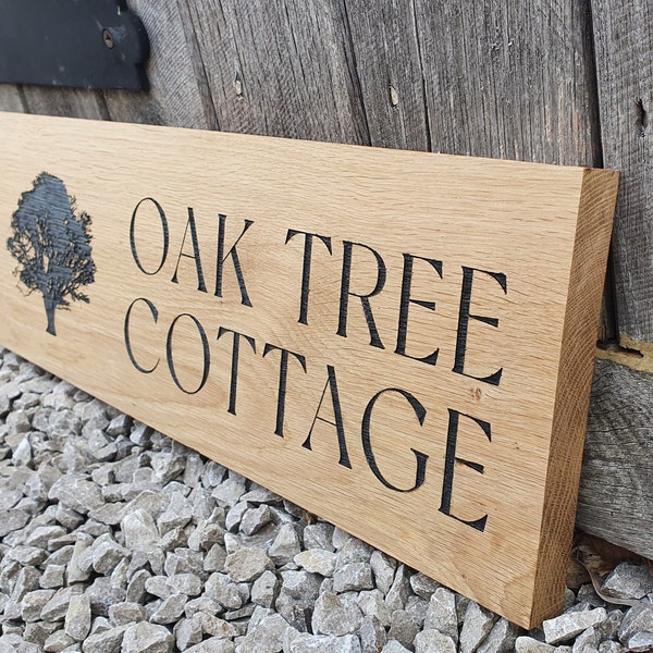 Large Address Sign, Solid Oak, Engraved and Filled With Black Paint - House Name and Any Image Oak Wood Plaque - Custom Outdoor Sign