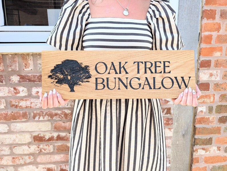 House name or number with street engraved oak sign with image.