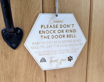 Personalised please don't ring the doorbell our baby is sleeping and our dog will bark sign - Don't wake the baby or disturb the dog sign.