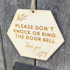 Wooden please don't knock or ring the doorbell sign. Please don't knock the door wood sign. Please don't ring the bell wood sign.