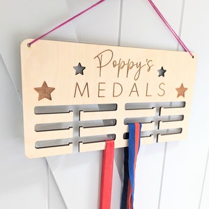 Personalised medal holder. Wooden wall medal hanger. Personalised medal display. Running, cycling, football, gymnastics medal holder.