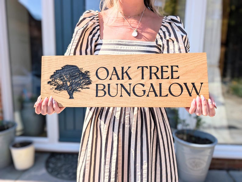 House name or number with street engraved oak sign with image.