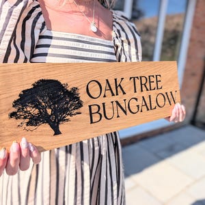 House name or number with street engraved oak sign with image.