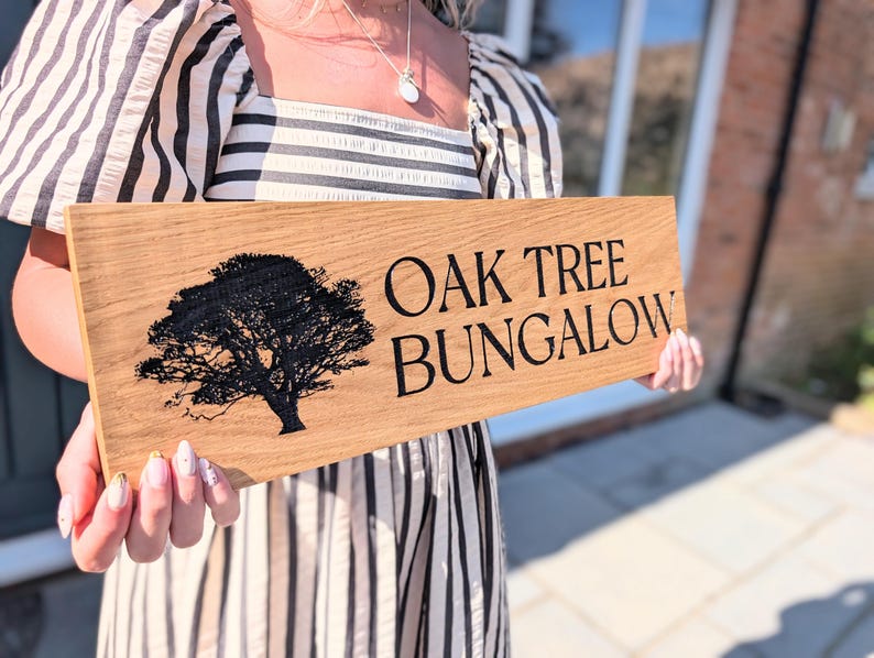 House name or number with street engraved oak sign with image.