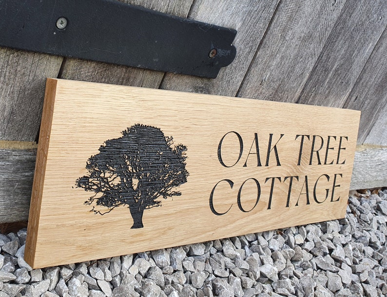 House name or number with street engraved oak sign with image.