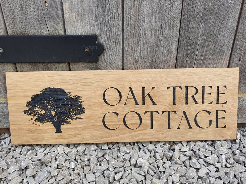 House name or number with street engraved oak sign with image.