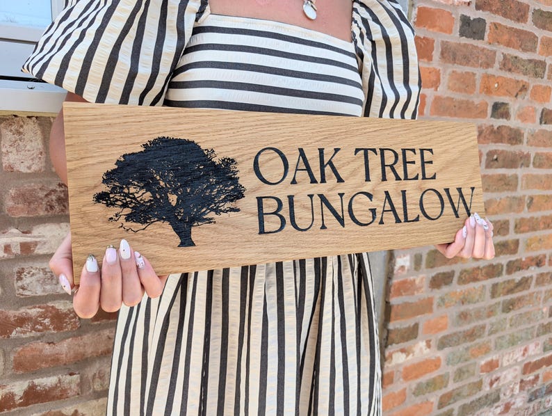 House name or number with street engraved oak sign with image.
