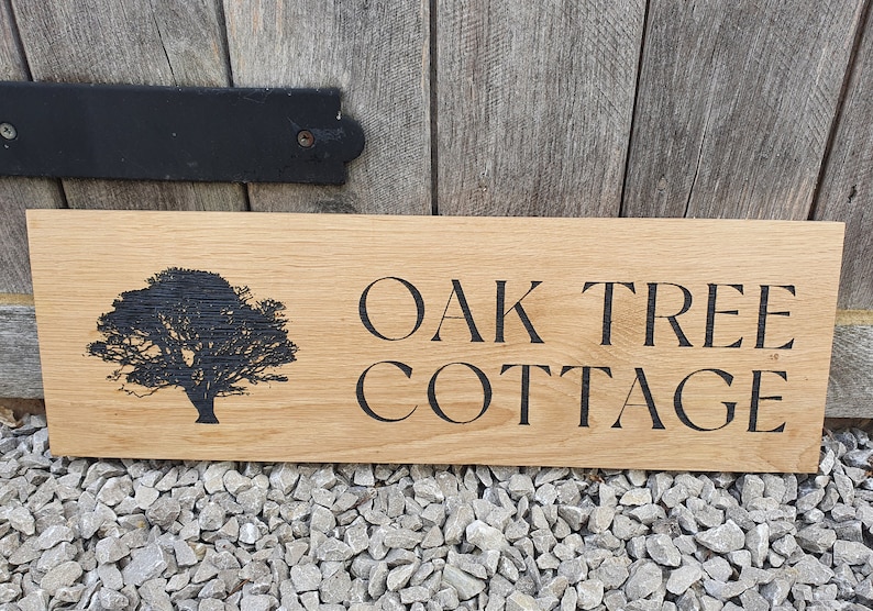 House name or number with street engraved oak sign with image.