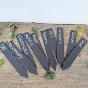 May include: A selection of dark grey garden markers with white lettering, each labelled with a different herb name: Dill, Rosemary, Parsley, Sage, Thyme, Mint, Oregano, Chives, and Basil. Green herb leaves are scattered around the markers.