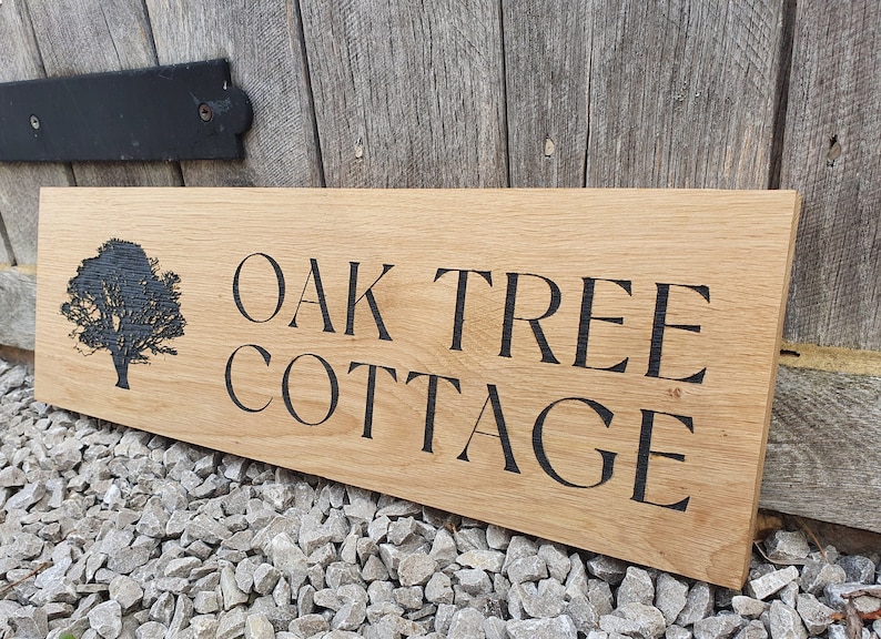 House name or number with street engraved oak sign with image.