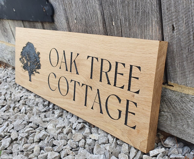 House name or number with street engraved oak sign with image.