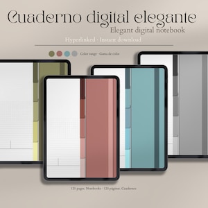 Puede incluir: Cuatro cuadernos digitales con bordes negros, cada uno con un esquema de color diferente: verde oliva, coral, turquesa y gris. El texto "Cuaderno digital elegante" y "Elegant digital notebook" está en la parte superior. Descarga instantánea.