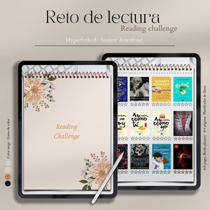 Puede incluir: Un planificador digital en la pantalla de una tableta con un diseño floral y el texto "Reading Challenge". El planificador incluye una lista de libros con calificaciones y un calendario.