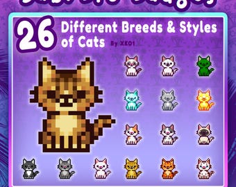 Può includere: Grafica digitale con 26 badge di gatti pixelati in varie razze e stili. L'immagine include il testo "Sub/Bit Badges" e "Different Breeds & Styles of Cats". La combinazione di colori è viola, blu e marrone.
