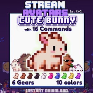 Puede incluir: Gráfico de arte digital que presenta un conejito pixelado con el texto "STREAM AVATARS CUTE BUNNY with 16 Commands." La imagen también muestra "6 Gears" y "10 colores" con varios avatares de conejitos en diferentes colores.